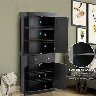Gymax Black Cabinet Storage Pantry Cupboard Freestanding W Adjustable Shelve Home Furniture
