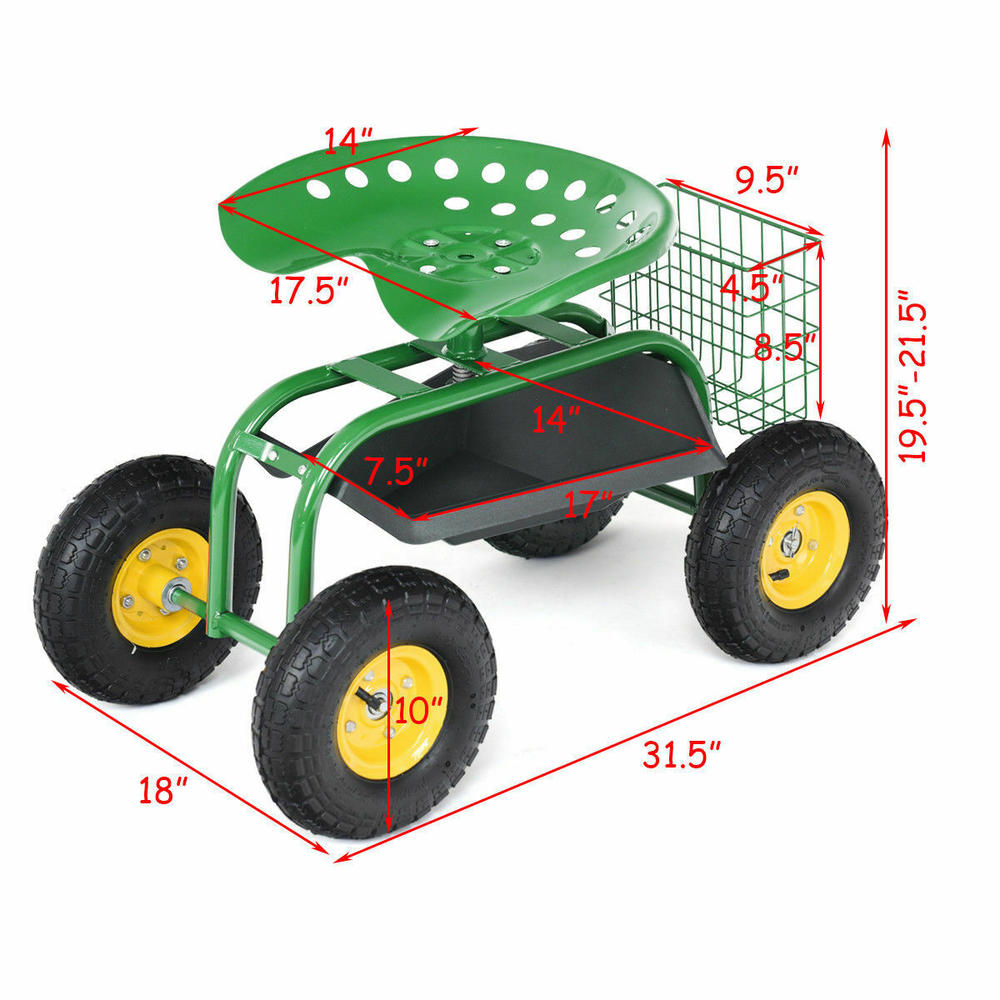Gymax Green Heavy Duty Rolling Garden Cart With Tool Tray Work Seat Gardening Planting