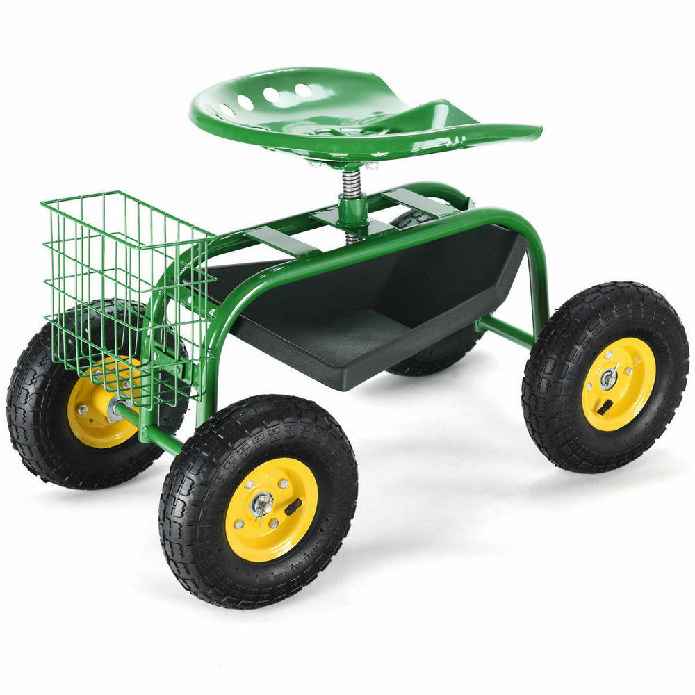 Gymax Green Heavy Duty Rolling Garden Cart With Tool Tray Work Seat Gardening Planting