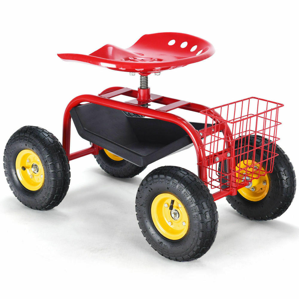 Gymax Red Heavy Duty Rolling Garden Cart With Tool Tray Work Seat Gardening Planting