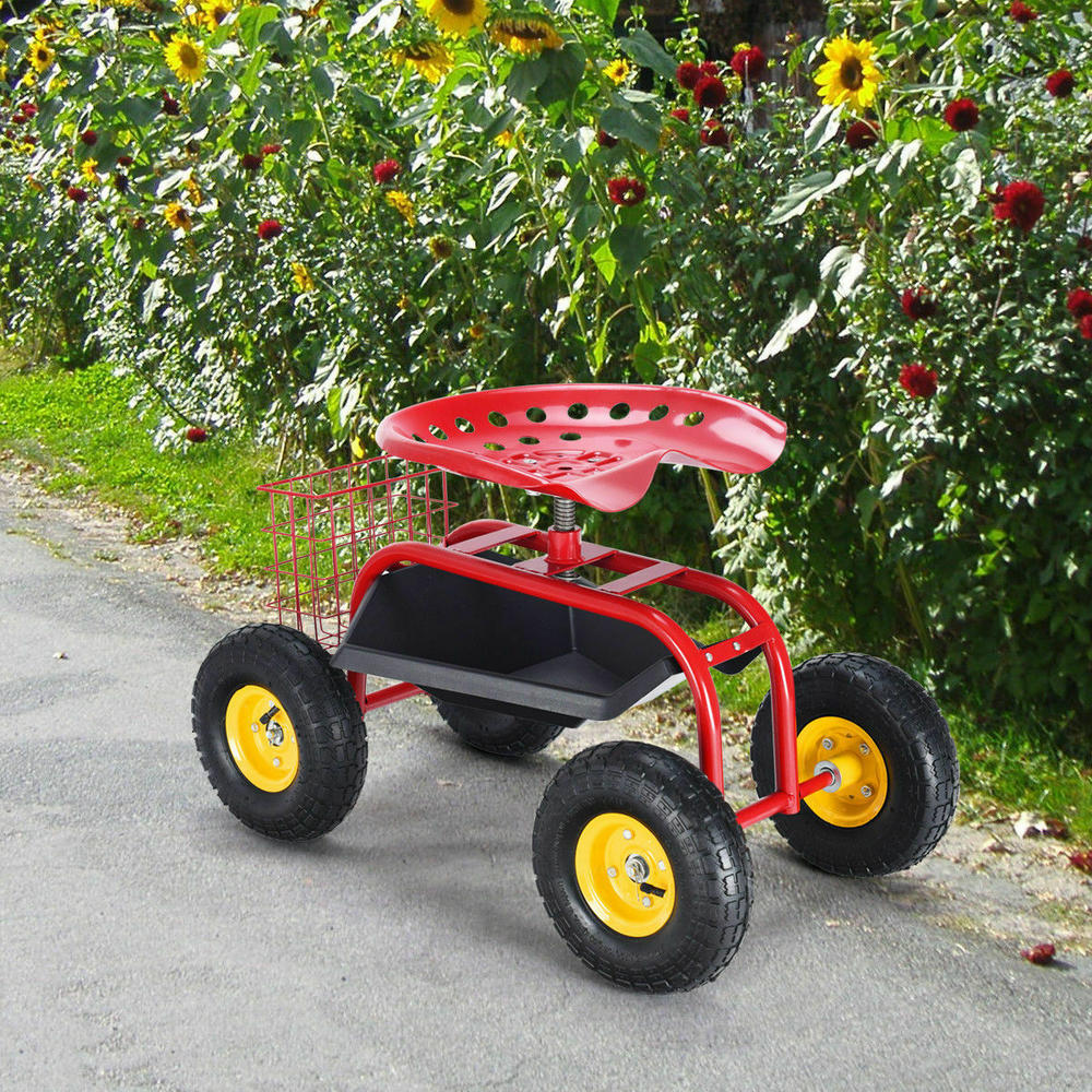Gymax Red Heavy Duty Rolling Garden Cart With Tool Tray Work Seat Gardening Planting