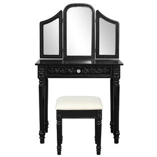 Gymax Black Vanity Makeup Dressing Table Set W Tri Folding Mirror Large Drawer Stool Home Furniture
