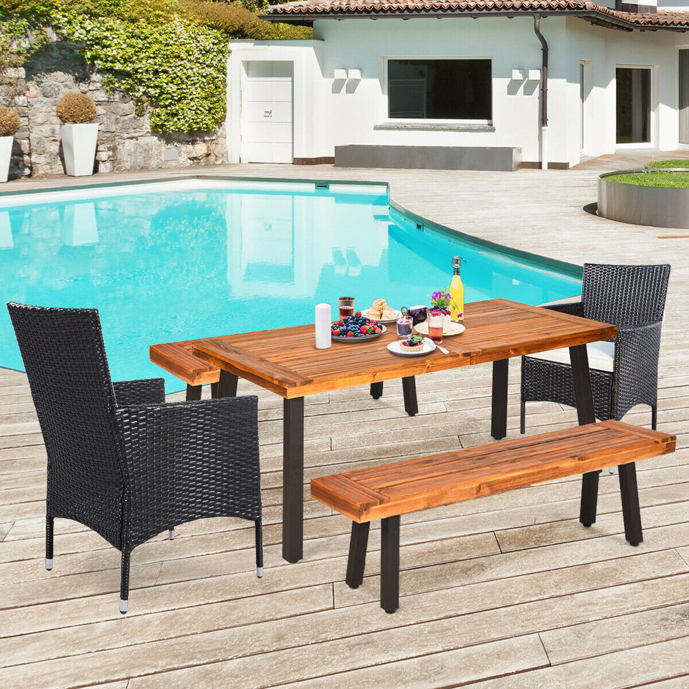 Gymax 5 -Piece Dining Set Acacia Wood w/2 Wicker Chair 2 Bench Table Umbrella Hole Outdoor