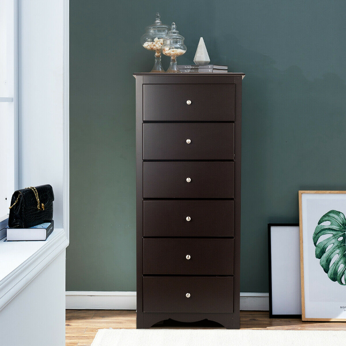 Gymax Brown 6 Drawer Chest Dresser Clothes Storage Cabinet Home