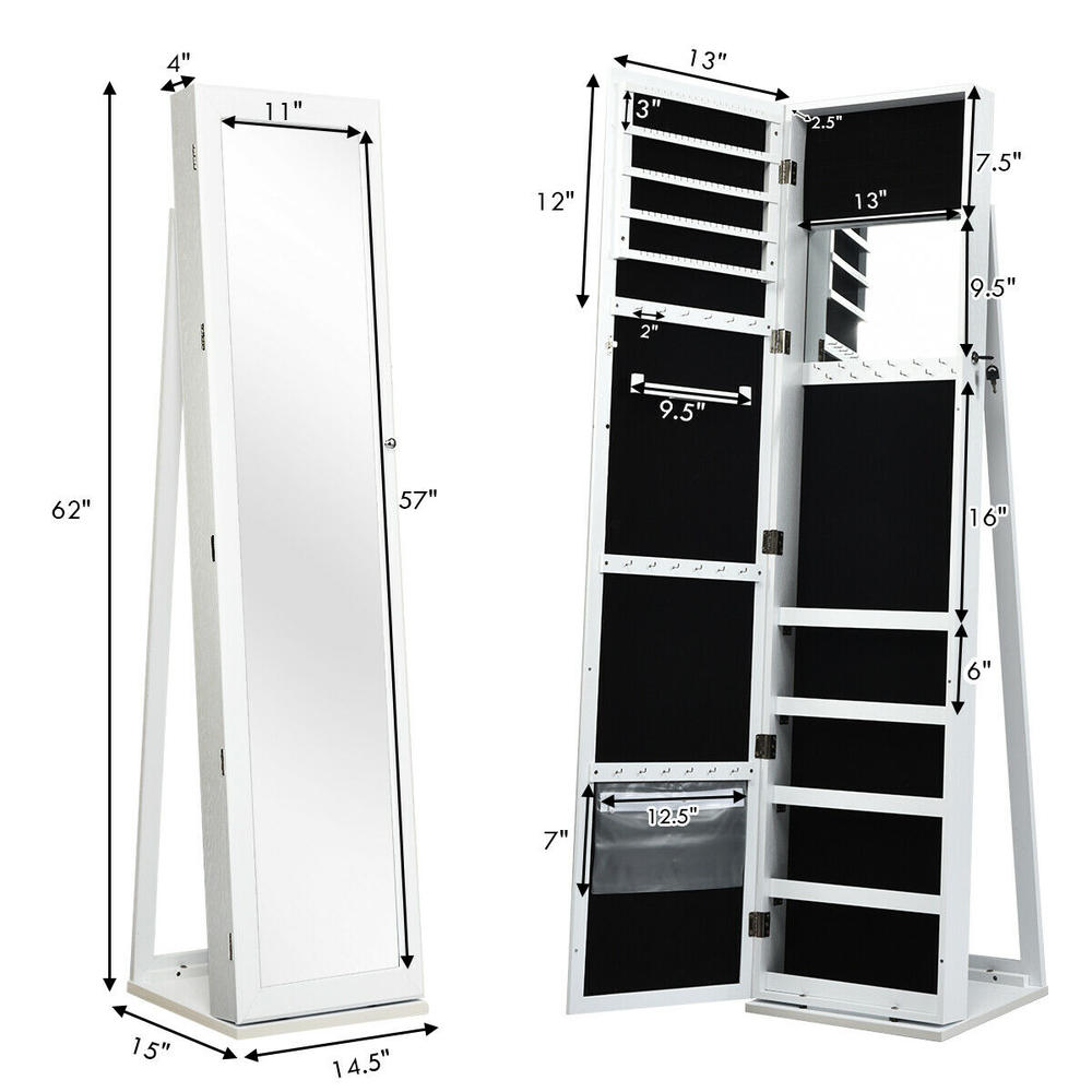 Gymax Mirrored Floor Jewelry Cabinet Armoire Lockable Standing Storage Organizer W/ Shelf
