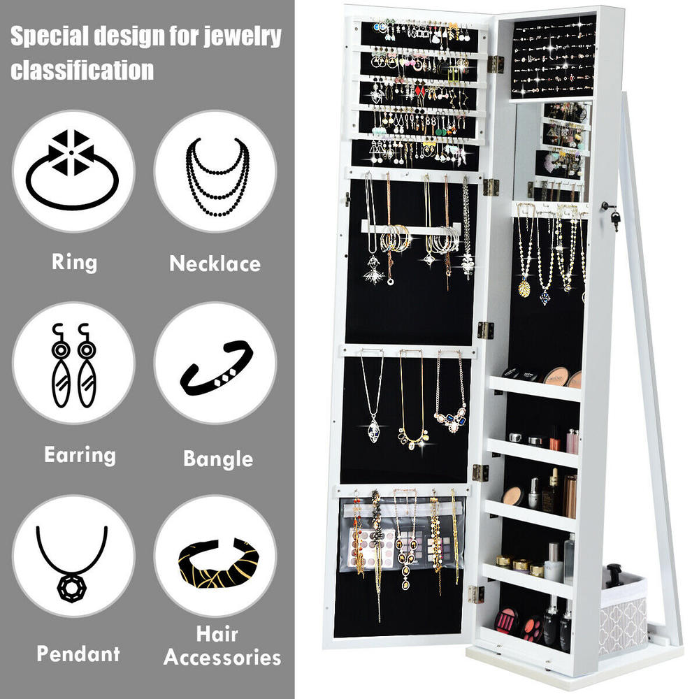 Gymax Mirrored Floor Jewelry Cabinet Armoire Lockable Standing Storage Organizer W/ Shelf