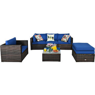 Gymax Gys04896 6pcs Patio Rattan Furniture Set Sectional Cushion Sofa Coffee Table Ottoman Navy