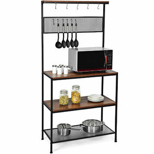 Gymax 4 Tier Kitchen Bakers Rack Microwave Oven Stand Industrial W Hooks Mesh Panel