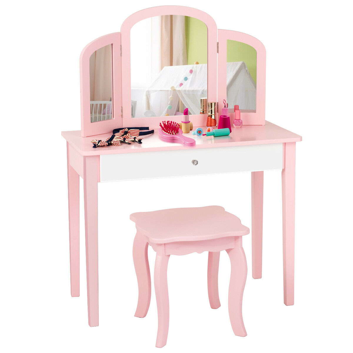 Gymax Kids Vanity Princess Make Up, Vanity Desk With Mirror And Seat