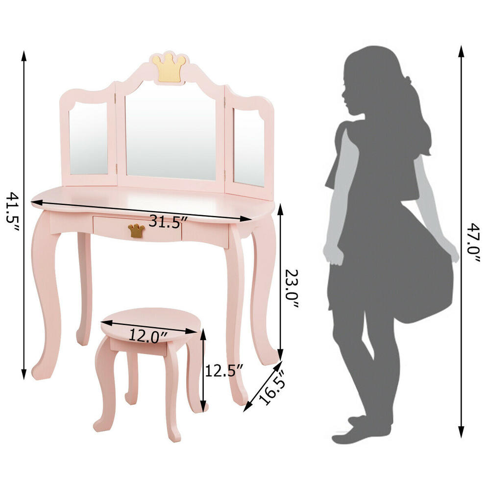 Gymax Kids Makeup Dressing Table Chair Set Princess Vanity & Tri-folding Mirror