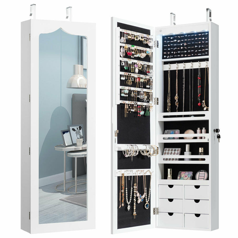 Gymax Wall Door Mounted LED Mirror Jewelry Cabinet Lockable Armoire w/6 Drawers White