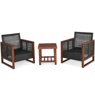 Gymax Gys04986 New 3pcs Patio Wicker Furniture Set Solid Wood Frame Cushion Sofa Square Table Shelf