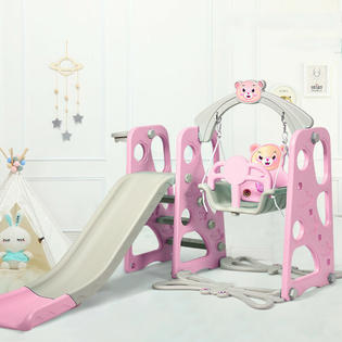 Gymax 3 in 1 Toddler Climber and Swing Set Slide Playset w/Basketball Hoop  & Ball Pink
