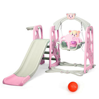 Gymax 3 in 1 Toddler Climber and Swing Set Slide Playset w/Basketball Hoop  & Ball Pink