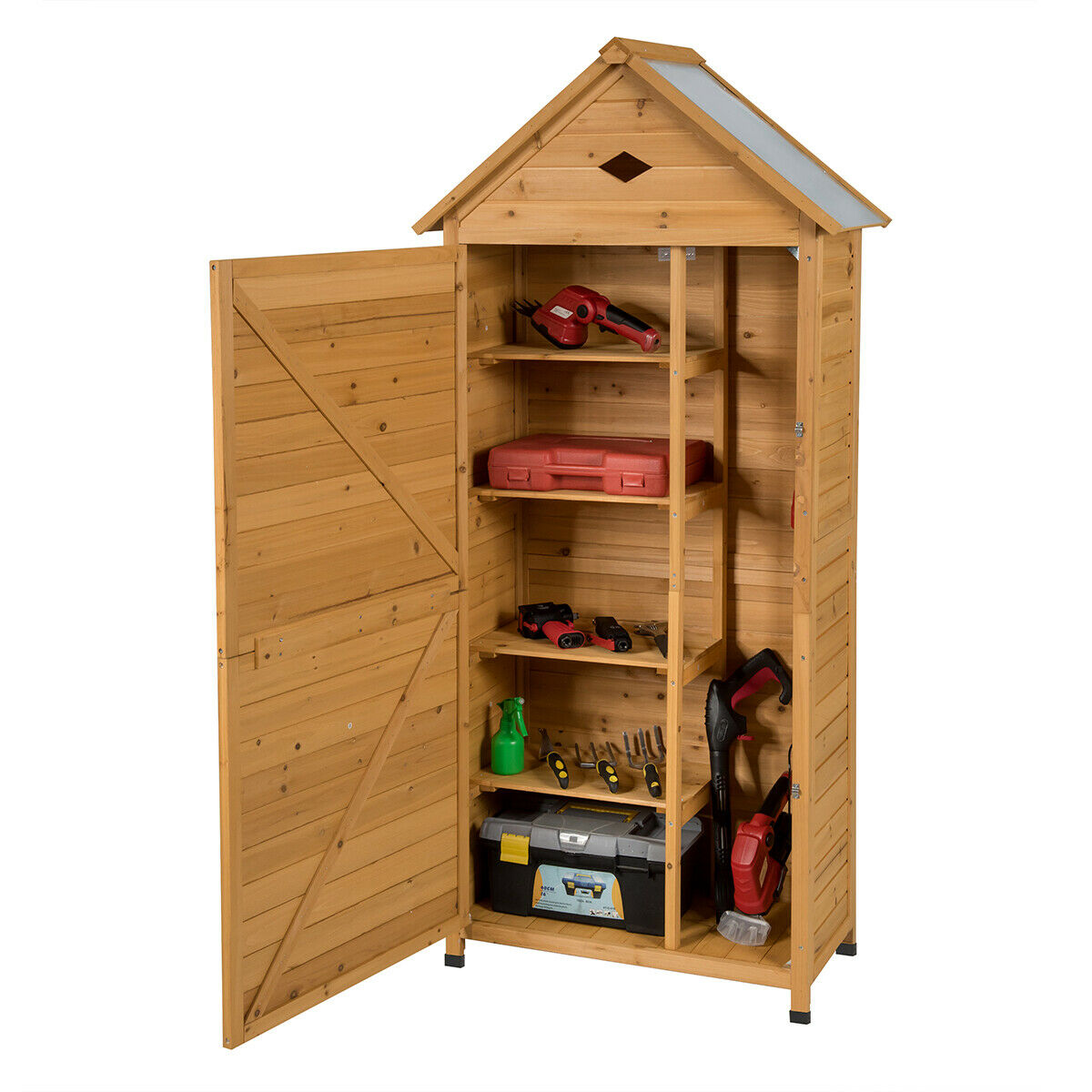Gymax Outdoor Storage Shed Lockable Wooden Garden Tool Storage Cabinet W/  Shelves