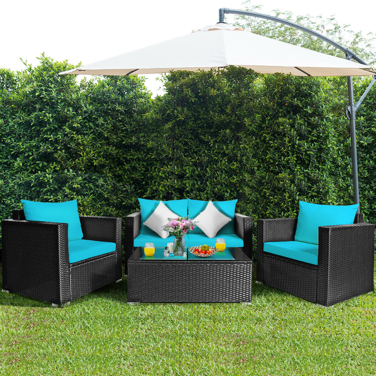 Gymax Gys00439 4pcs Patio Rattan Furniture Set Cushioned Sofa Chair Coffee Table Turquoise