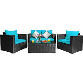 Gymax Gys00439 4pcs Patio Rattan Furniture Set Cushioned Sofa Chair Coffee Table Turquoise