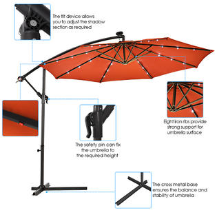Gymax Gym05733 10ft Patio Solar Led Outdoor Offset Hanging Umbrella W 24 Lights Orange