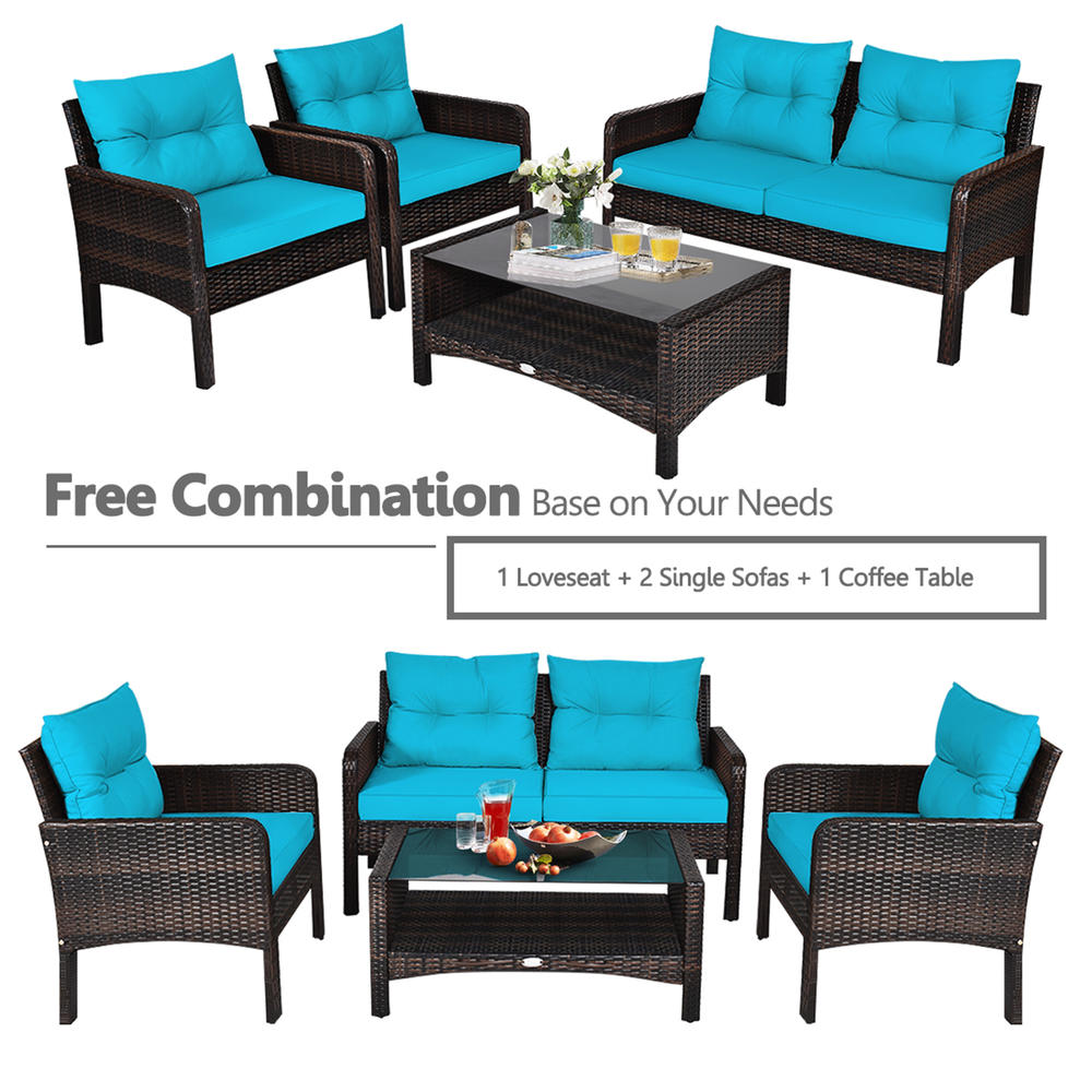 Gymax 4PCS Rattan Patio Conversation Set Cushioned Outdoor Furniture Set