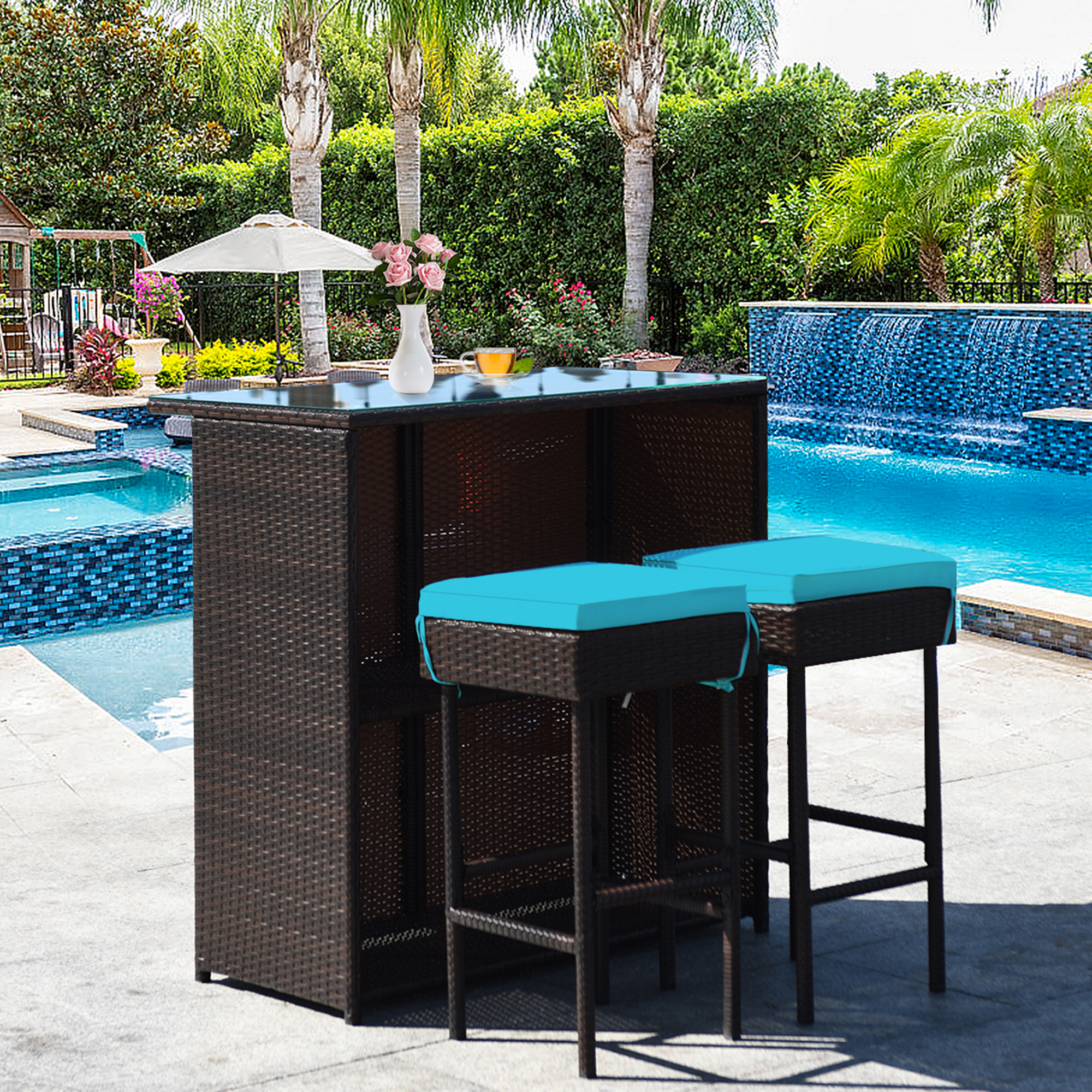 Gymax Gym05811 3pcs Rattan Patio Bar Table Stool Set Dining Set W Turquoise Cushion