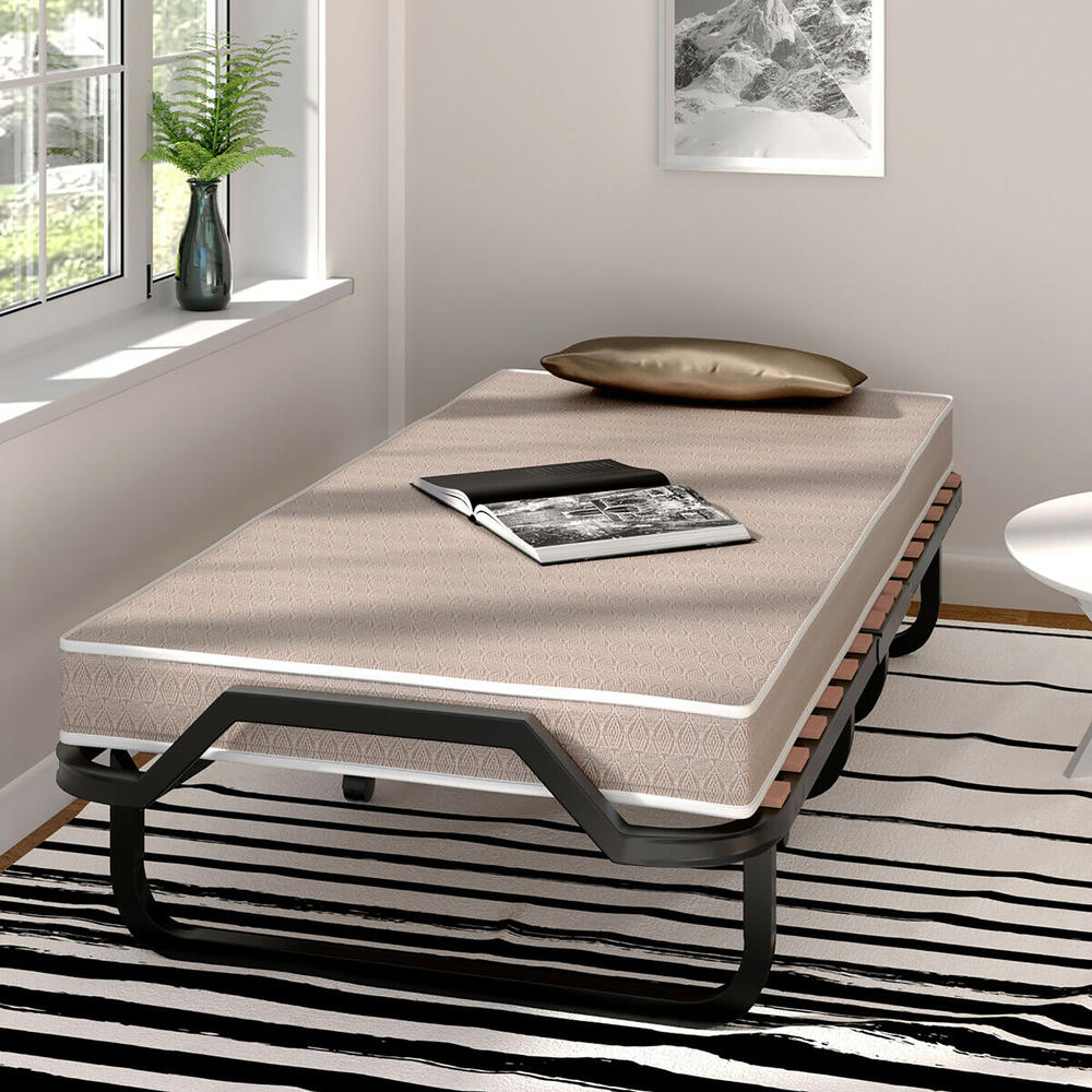 Gymax Folding Bed with Memory Foam Mattress Rollaway Metal Guest Bed Sleeper Made in Italy