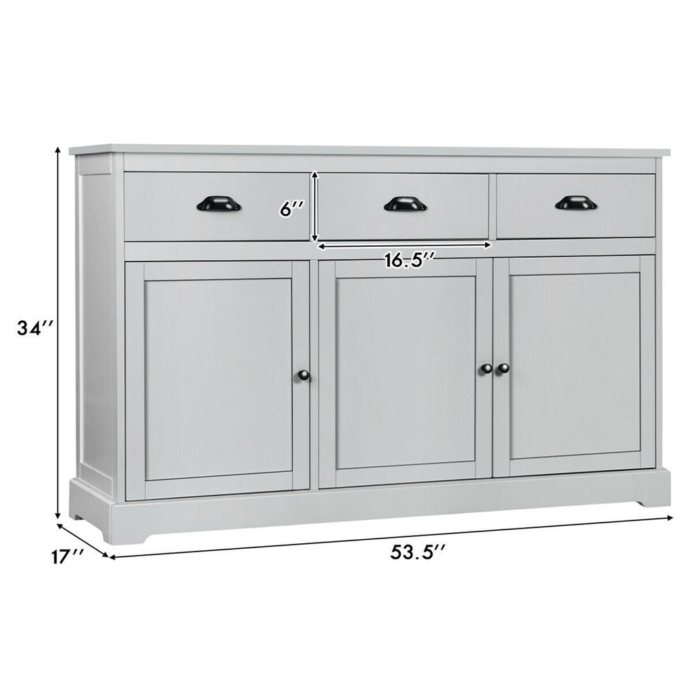 Gymax 3 Drawers Sideboard Buffet Cabinet Console Table Kitchen Storage Cupboard Gray