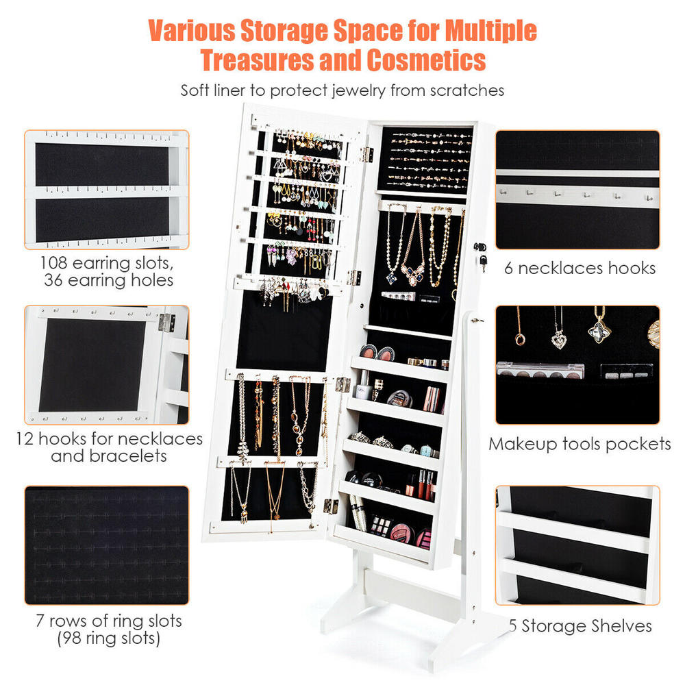 Gymax Jewelry Cabinet Stand Mirror Armoire Lockable Organizer Large Storage Box