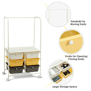 Gymax 6 Drawer Rolling Storage Cart w/Hanging Bar Office ...
