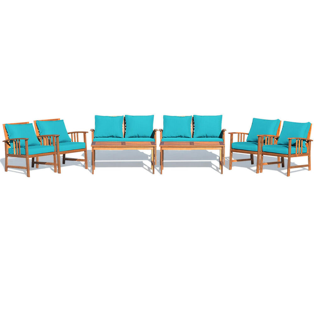 Gymax 8pcs Wooden Patio Furniture Set Table & Sectional Sofa w/ Turquoise Cushion