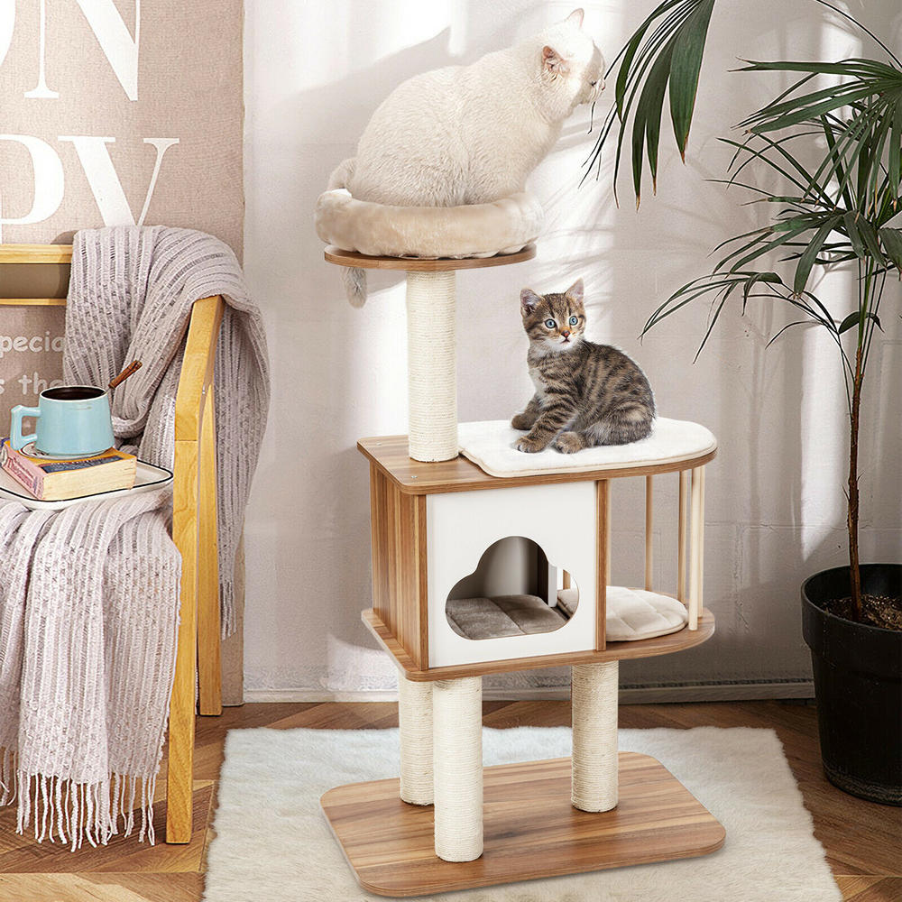 Gymax 46'' Modern Wooden Cat Tree with Platform & Washable Cushions for Kittens & Cats