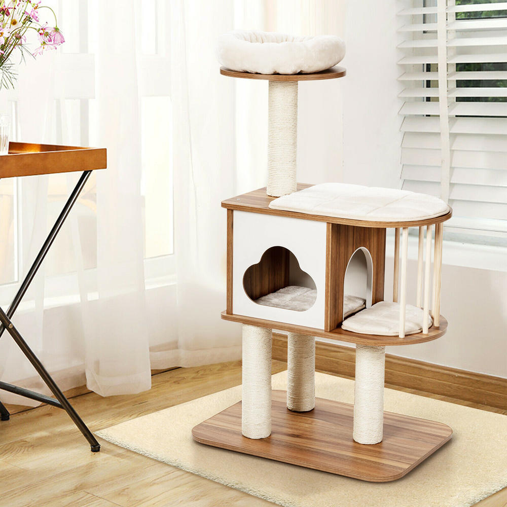 Gymax 46'' Modern Wooden Cat Tree with Platform & Washable Cushions for Kittens & Cats