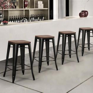 Gymax Set of 4 Counter Height Backless Barstool 26 Metal Stackable Stool w Wood Seat