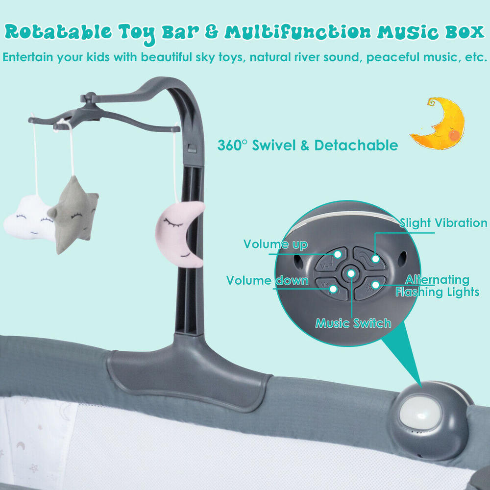 Gymax Portable Baby Bed Side Crib Height Adjustable W/ Music Box & Toys Dark Grey