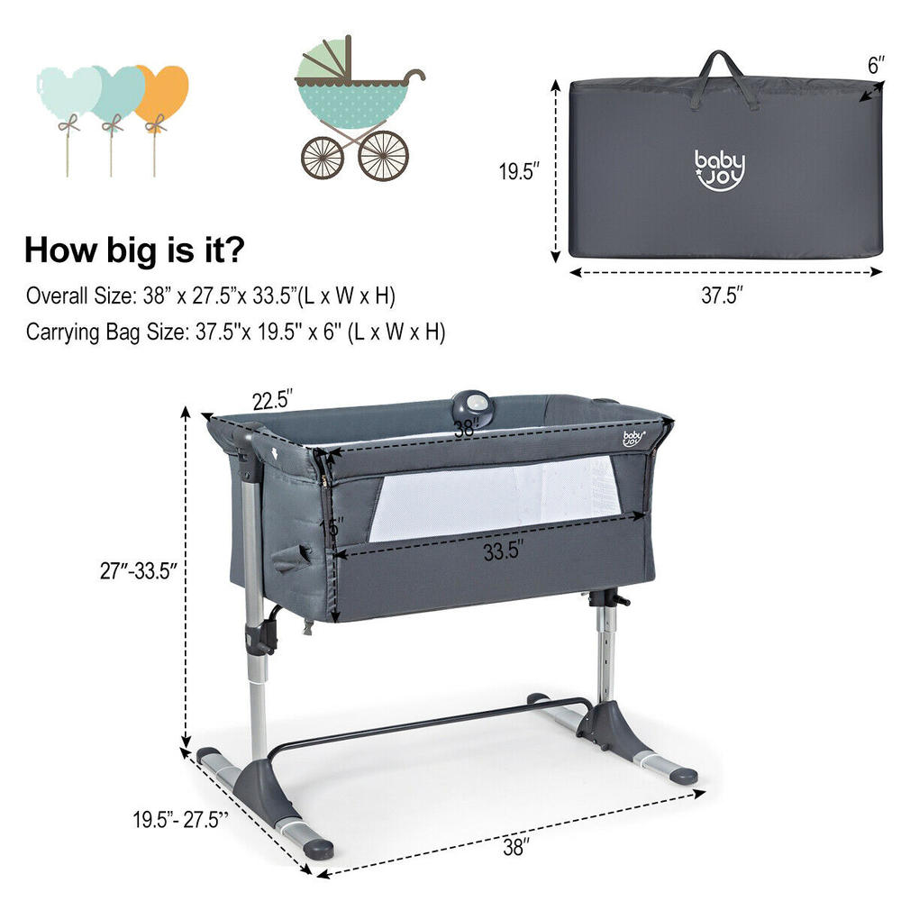 Gymax Portable Baby Bed Side Crib Height Adjustable W/ Music Box & Toys Dark Grey