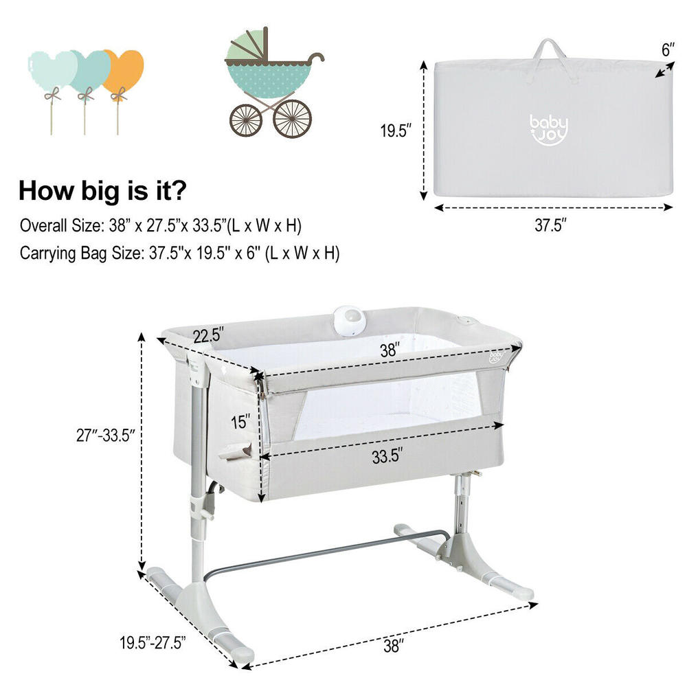 Gymax Portable Baby Bed Side Crib Height Adjustable W/ Music Box & Toys Light Grey