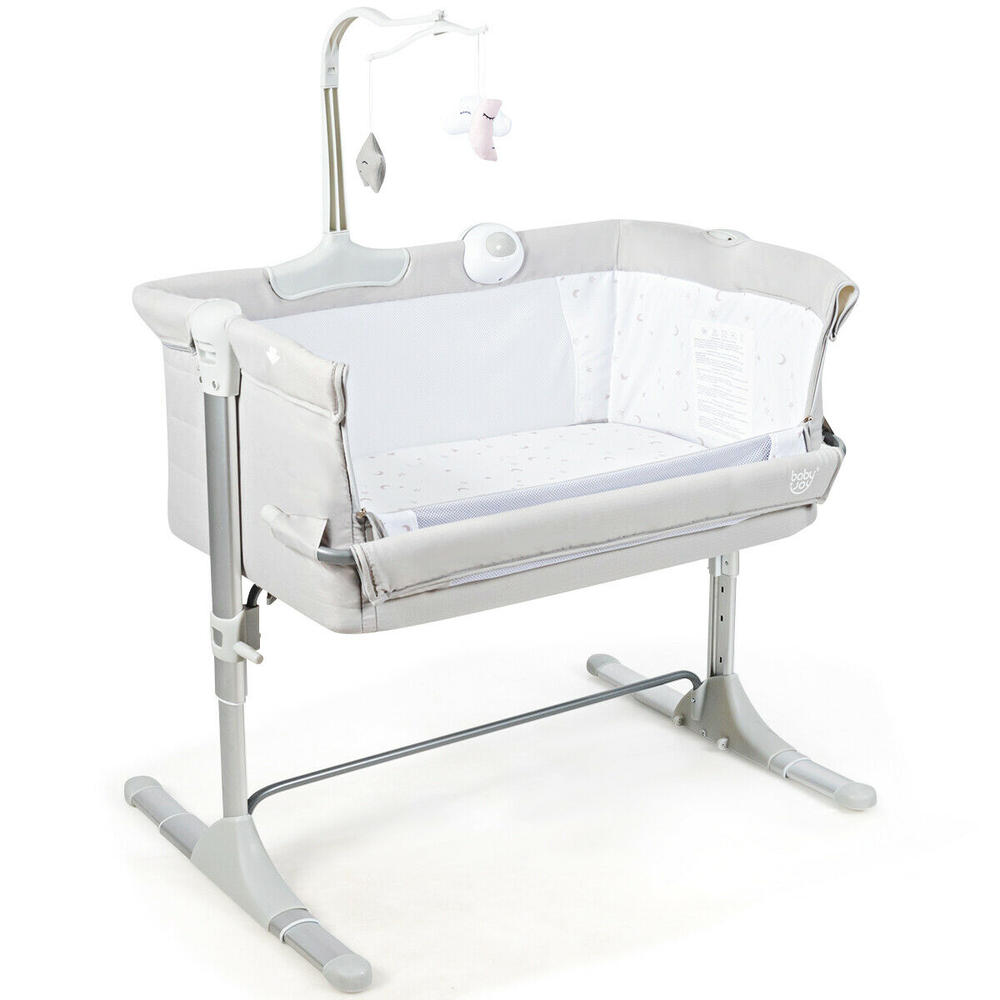 Gymax Portable Baby Bed Side Crib Height Adjustable W/ Music Box & Toys Light Grey