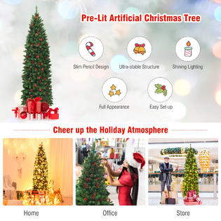 Gymax 6 5ft Pre Lit Pencil Christmas Tree Hinged Artificial Slim Tree W Led Lights