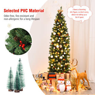 Gymax 6 5ft Pre Lit Pencil Christmas Tree Hinged Artificial Slim Tree W Led Lights