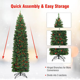 Gymax 7 5ft Pre Lit Pencil Christmas Tree Hinged Artificial Slim Tree W Led Lights
