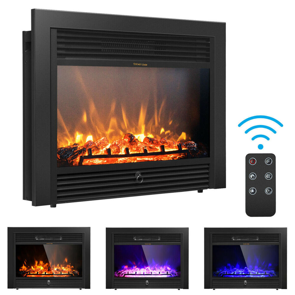 Gymax 28.5'' Fireplace Electric Embedded Insert Heater Glass Log Flame Remote