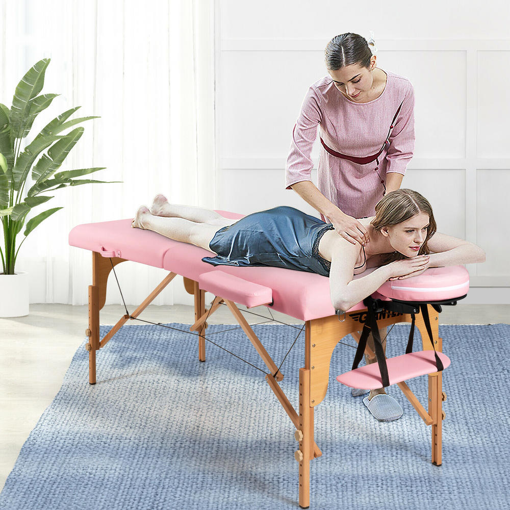Gymax Pink 84"L Portable Massage Table Adjustable Facial Spa Bed Tattoo w/ Carry Case