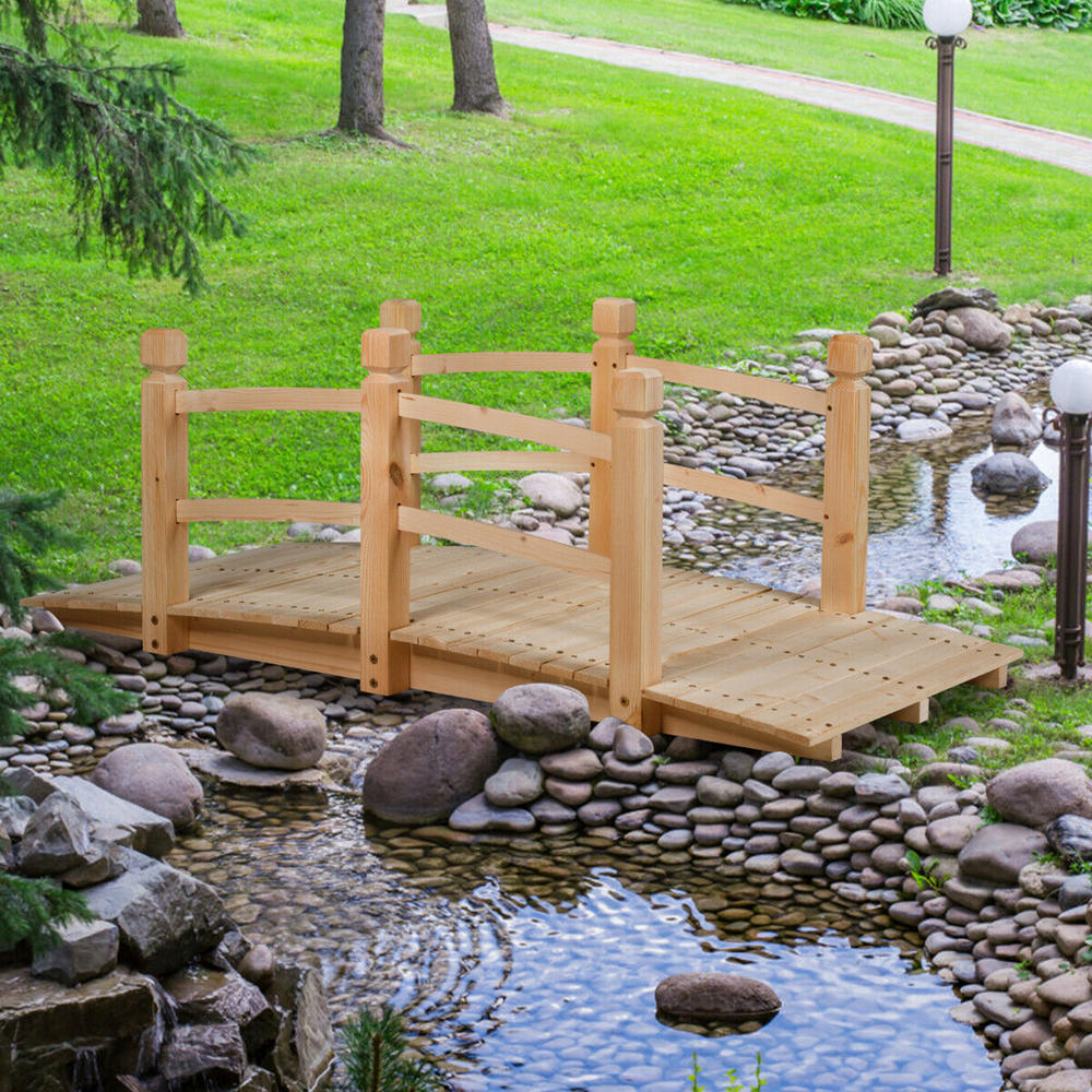Gymax 5Ft Garden Wooden Bridge Decoration Backyard Pond w/ Safety Rails Natural