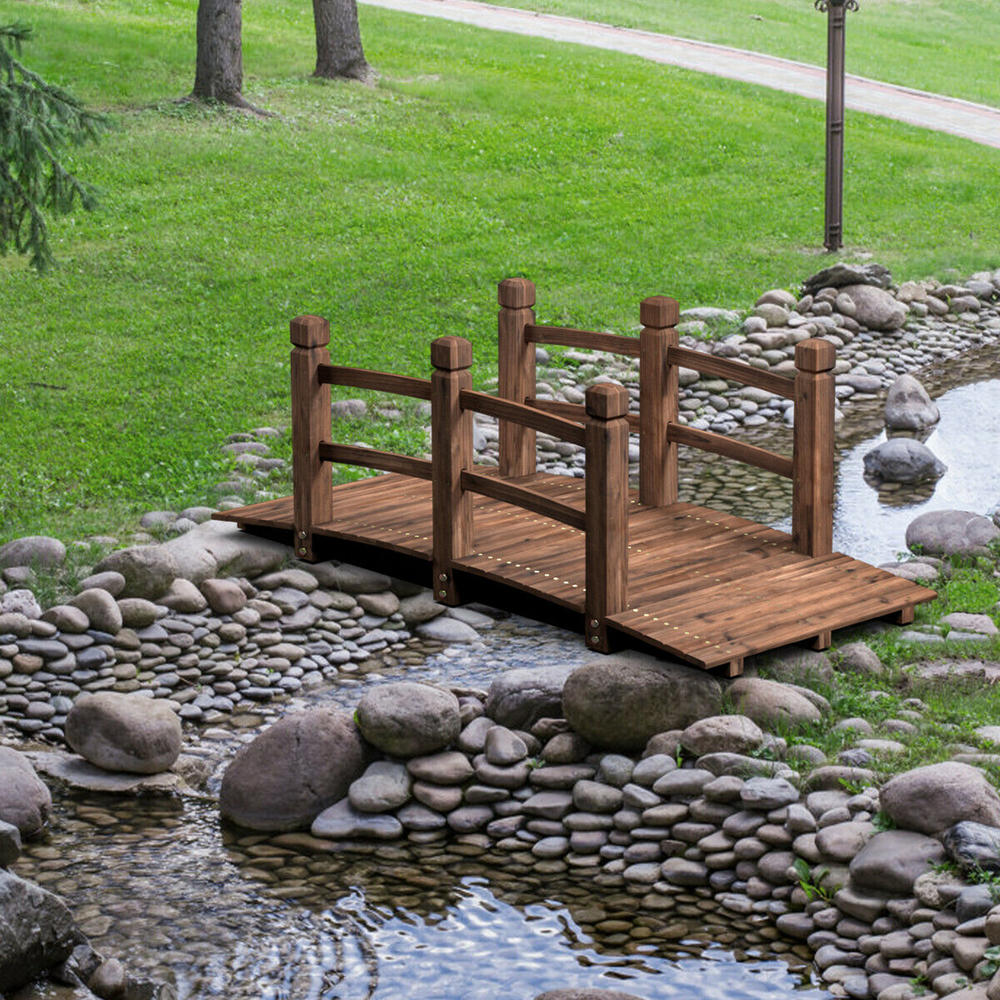 Gymax 5Ft Garden Wooden Bridge Decoration Backyard Pond w/ Safety Rails Brown