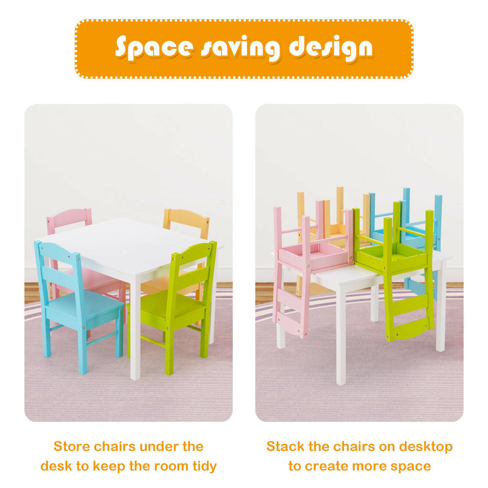 Gymax 5 PCS Kids Table &4Chairs Set Wooden Construction Playroom Activity Furniture