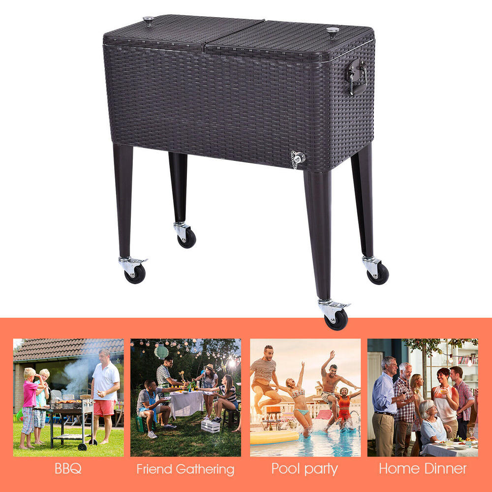 Gymax 80QT Outdoor Rolling Cooler Cart Rattan Party Portable Ice Beer Beverage Chest