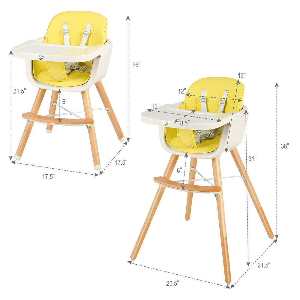 Gymax 3 in 1 Convertible Wooden Baby Toddler Highchair w/ Cushion Baby Chair