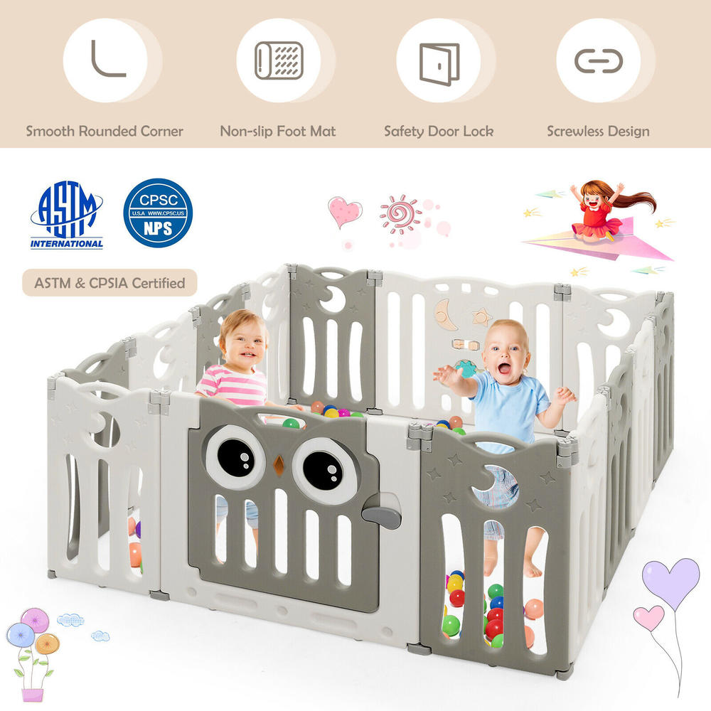 Gymax 14-Panel Baby Playpen Kids Activity Center Foldable Play Yard w/ Lock Door Beige