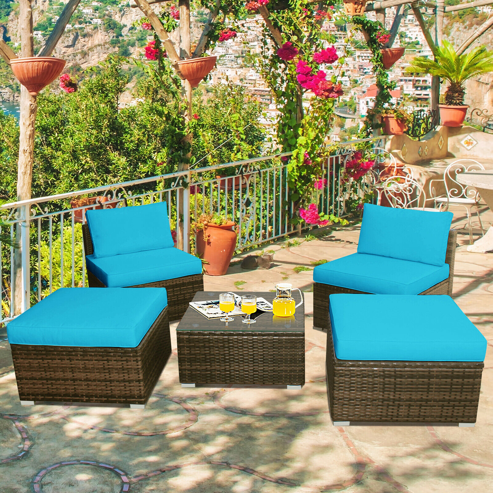 Gymax Gym06436 5pcs Outdoor Patio Furniture Set W Coffee Table Ottoman Turquoise Cushion