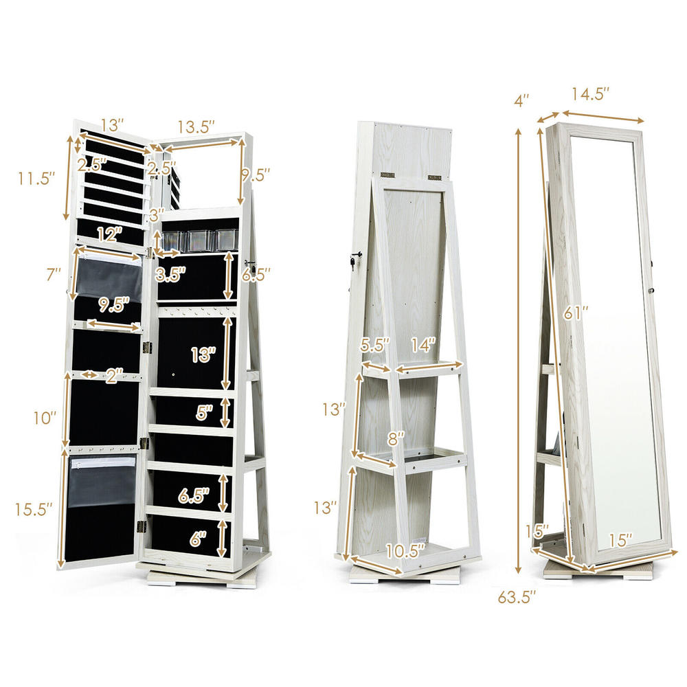 Gymax 360° Rotatable 2-in-1 Lockable Mirrored Organizer Jewelry Cabinet Armoire Home Furniture