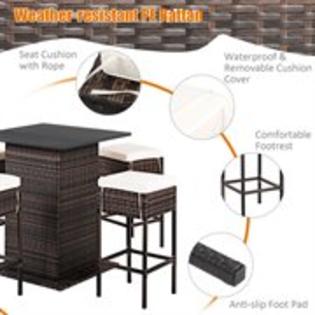 Generic 5pcs Patio Bar Set Rattan Bar Furniture Set W Table 4 Cushioned Stools